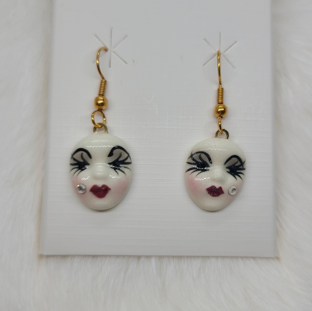 Vintage Fancy Faces Hand Painted Porcelain Mask Dangle Earrings